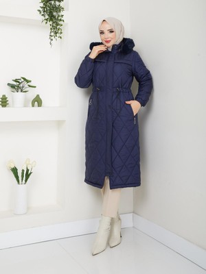 Kmk Kombin Kadın Su Geçirmez Uzun Kürklü Kapüşonlu Belden Büzgülü Kapitone Mont Kaban