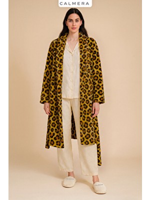 Calmera Wellsoft Polar Şal Yaka Kadın Sabahlık | Yumuşacık | Kuşaklı - Diz Boyu - Bornoz | Leopar