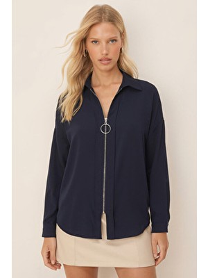 Armonika Kadın Lacivert Önü Fermuarlı Salaş Gömlek ARM-21K024090