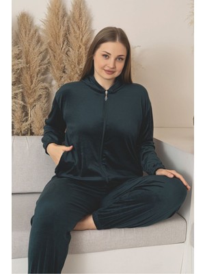 Asel Büyük Beden Yeşil Renk Cepli Kapşonlu Likralı Kadife Takım