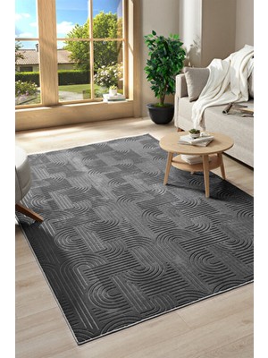 Raschel Carpet Bohem Emboss Premium Seri Kaymaz Taban Jel Taban Halı Yolluk Koyu Gri