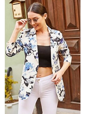 Armonika Kadın Lacivert Çiçekli Tek Düğmeli Ceket ARM-20Y001006