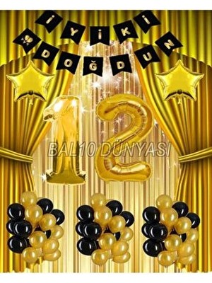 Bal10 Dünyası Gold Renk Yıldız Folyo Banner Balon Seti 12 Yaş