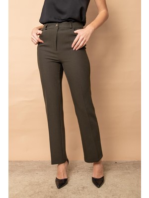 Jument Kadın Yüksek Bel Alman Cepli Boru Paça Bacak Kısmı Rahat Hafif Esnek Kumaş Pantolon-Haki
