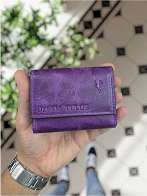Visso Leather 660 Hakiki Deri Dikey Akordeon Kartlık Model Mor Renkli Küçük Boy Özellikli