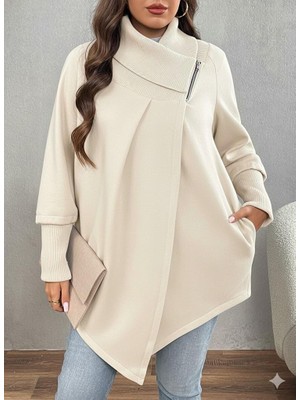 Afri Ekru Kadın Asimetrik Kesim 3 Iplik Şardonlu Sweat Ceket – Fermuarlı Yaka, Cepli, Oversize