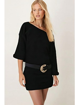 Armonika Kadın Siyah Kayık Yaka Yarasa Kol Yumuşak Dokulu Elbise ARM-26K001039