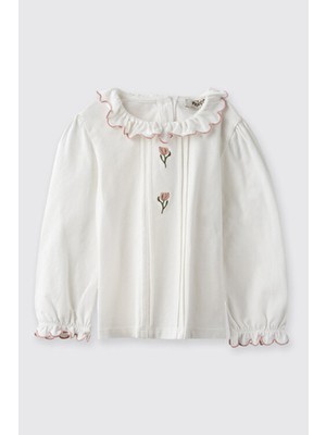 Panço Kız Bebek Nakış Detaylı Uzun Kollu Ekru Tişört