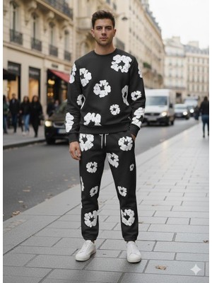 Afri Unisex Siyah 3 Iplik %100 Pamuk Kabartma Baskılı Oversize Sweatshirt & Eşofman Takımı