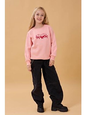 Perendi Kız Çocuk Sweatshirt Yavruağzı Uzun Kollu Bisiklet Yaka Fiyonk Nakışlı Tasarım