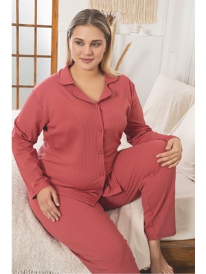 Asel Büyük Beden Boydan Düğmeli Kaşkorse Kumaş Pijama Takımı