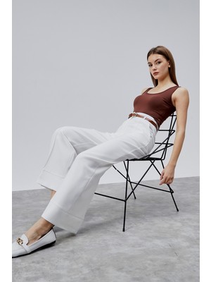Bolivente Beyaz Palazzo Geniş Paça Dokuma Pantolon