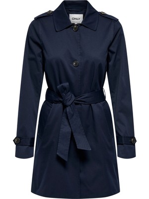 Only Kadın Düğme Kapama Belden Bağlamalı Uzun Lacivert Trençkot - 15369028