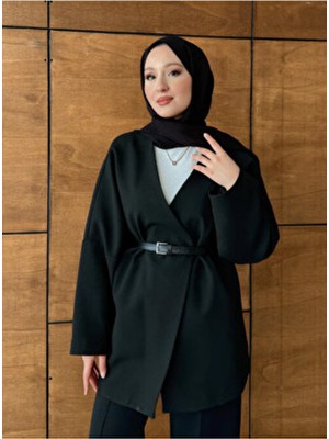 Molly Nelly Kadın Kemerli Kimono Astarlı Ceket Uzun Kol Düz Siyah Dokuma Günlük Stil