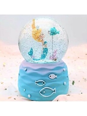 Hediyezen Işıklı Deniz Kızı Orta Boy Müzikli Kar Küresi Mavi Renkli Dekoratif Tasarım