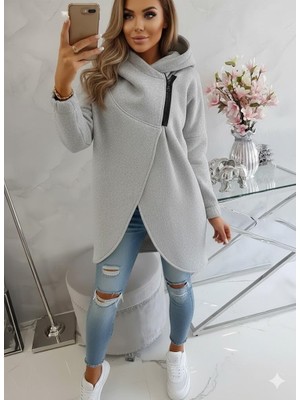 Afri Gri Kadın Asimetrik Fermuarlı Oversize Kapüşonlu Sweatshirt – Kalın Kumaş – Rahat Günlük Tarz