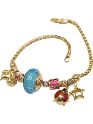 Genel Mavi Taşlı Charm Kalp, Yıldız ve Uğur Böcekli  Bileklik Künye 14 Ayar Altın Hd Videolu