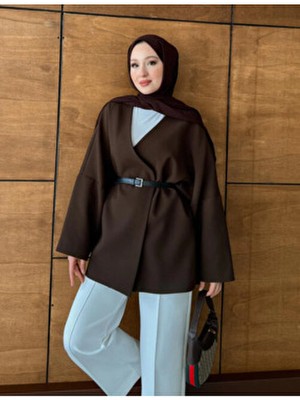 Molly Nelly Kadın Kemerli Kimono Astarlı Ceket Uzun Kol Düz Kahverengi Dokuma Günlük Stil