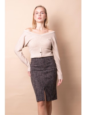 Jument Kadın Bej Diyagonal Hafif Likralı Yünlü Kumaş Önü Yırtmaçlı Diz Boy Kalem Etek 40 Beden