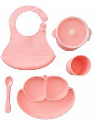CKM Silikon CKM 5li Silikon Bebek Beslenme Seti Pembe Kolay Temizlenebilir Bölmeli Mama Tabağı ve Sızdırmaz Kase