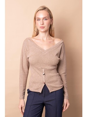 Jument Kadın Triko Ön Arka V Yaka Yarasa Uzun Kol Düğmeli Bluz -Camel