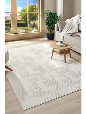 Raschel Carpet Bohem Emboss Premium Seri Kaymaz Taban Jel Taban Halı Yolluk Krem