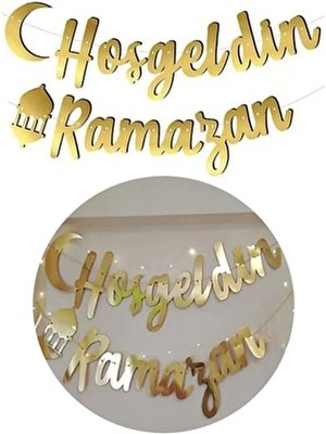 Parti Dolabı Hoşgeldin Ramazan Yazılı Kaligrafi Banner Gold 200X30CM Ramazan Bayramı Altın Renginde Ipli Süs Yazı