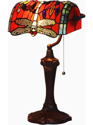 Home London Breeze El Yapımı Yusufçuk Tiffany Style  Bankacı Masa Lambası Kırmızı