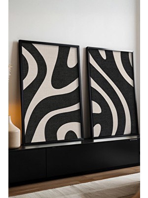 Huhuli Ahşap Siyah Çerçeveli Soyut Tablo Seti 20 x 30 cm Modern Tasarım ve Estetik Tema