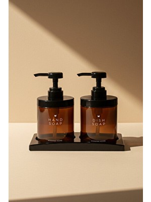 Khakma 2’li Amber Cam Sabunluk Pompalı Set | Siyah Standlı El ve Bulaşık Sabunu Seti | 250 ml