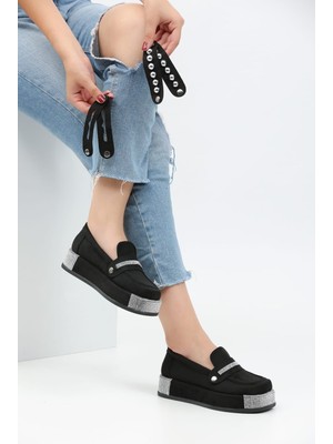Hepici Loafers Platform Topuklu Taşlı Günlük Kadın Süet Siyah Ayakkabı