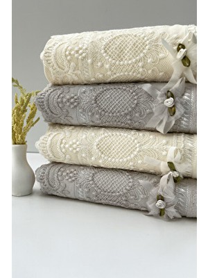 ayhanhome 50X90 4'lü %100 Pamuklu Kadife Dantelli Güpürlü Fiyonklu Çeyizlik El ve Yüz Havlusu