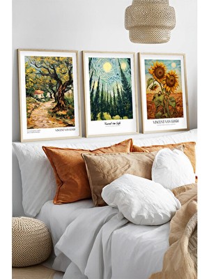 Huhuli Ahşap Çerçeveli Vincent Van Gogh Tablo Seti Bej Renk Soyut Tema 20 x 30 Ebatlar
