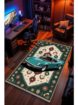 Arabalı Halı Desenli Kaymaz Taban Makinede Yıkanabilir Gaming Oyuncu Gamer Genç Odası Halısı