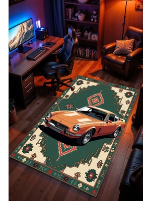 Arabalı Halı Desenli Kaymaz Taban Makinede Yıkanabilir Gaming Oyuncu Gamer Genç Odası Halısı