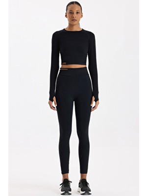 COMEUP Kadın Tokalı Beli Pencereli Spor Tayt Siyah Toparlayıcı Özellikli Uzun Kesim