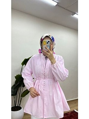 Moonsc Kadın Nervürlü Keten Tesettür Gömlek - Pembe
