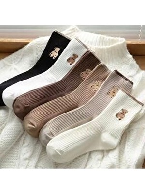 Çorap Kurdu Ayıcık Desenli Esnek Pamuk Tenis Çorap Seti Çok Renkli 6'lı Paket
