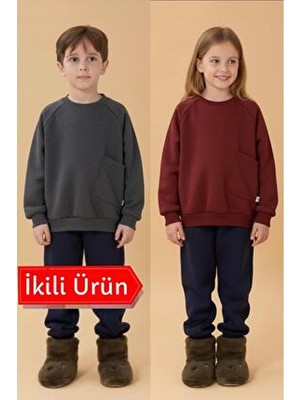 Perendi Erkek Çocuk Rahat Kalıp Cep Detaylı 2’li Içi Polarlı Sweatshirt – Bordo & Antrasit