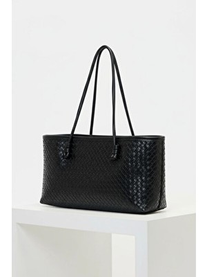 Kische Kadın Tote Çanta Siyah Örgülü Çanta Örgü Model
