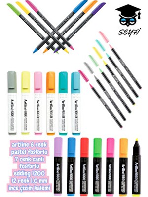 Artline 6 Renk Pastel Fosforlu 7 Renk Canlı Fosforlu Edding 1200 12 Renk 1.0 mm Ince Çizim Kalemi