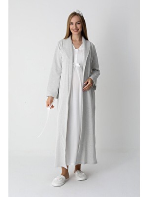Erdeniz Tekstil Hamile & Lohusa Gecelik ve Sabahlıklı Viskon Pamuklu Takım / Jakarlı Çizgili Uzun Sabahlık