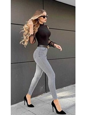 Polle Kadın Süper Skinny Gri Yüksek Bel Pantolon Kanvas Materyal Düz Desenli Modern Kesim
