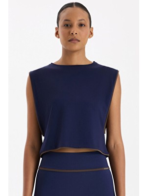 Kontrast Biyeli Sıfır Kol Crop Top Oxford Blue