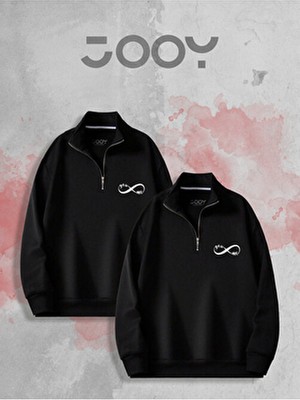 Jooy Yarım Fermuarlı Sweatshirt Siyah Uzun Kollu Sevgili Çift Kombini 2'li Set Ekstra Konfor