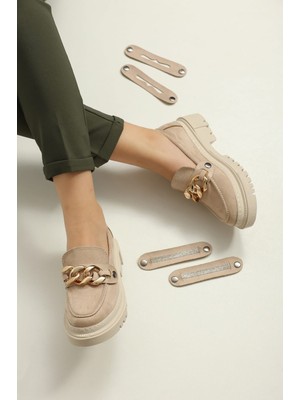 Hepici Loafers Tokası Değişebilen Günlük Kadın Süet Krem Ayakkabı