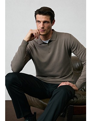 Kiğılı Regular Fit Polo Yaka Düz Triko Kazak
