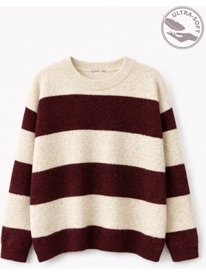 Mixray 7018 Kadın Yün Karışımlı Yumuşak Dokulu Basic Çizgili Kazak Bordo