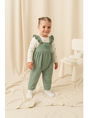 Buufuu Kız Bebek Takım Fırfırlı Askılı Tulum ve Kalpli Body Temalı Waffle Kumaş 9 - 12 Ay