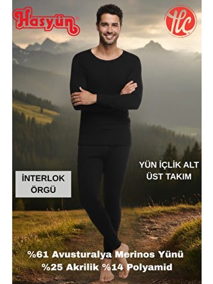 Hasyün Erkek Siyah %61 Yün Ter Emici Kaşındırmaz Içlik Uzun Kol Üst Alt Takım